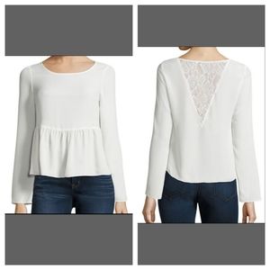 NEW PLUS 2X Top Blouse Peplum Pullover White Lace Sheer Vback Long Sleeve Decree